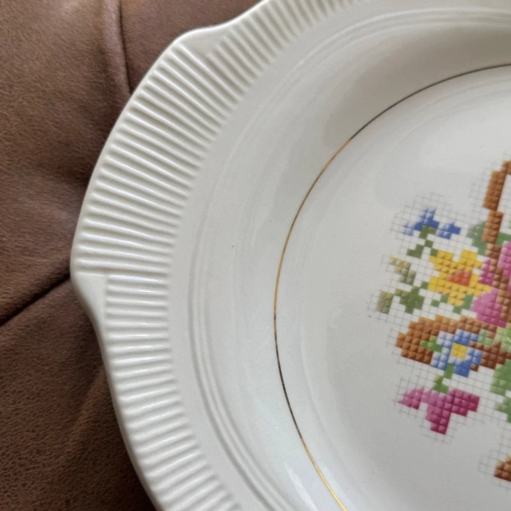 Vintage Salem China Co Basket P.P. Oval Serving Platter Cross Stitch Floral